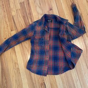 Plaid Button Up - Blue and Orangey Red